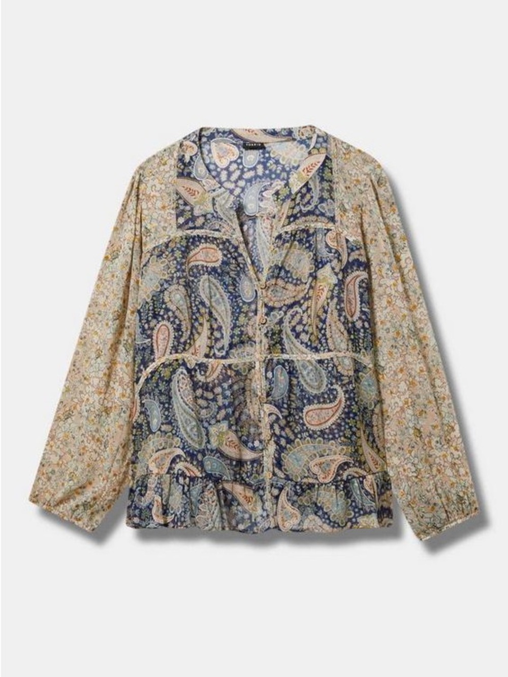 Torrid Paisley Long Sleeve Button Up Blouse with Silver and Gold Metallic NWT